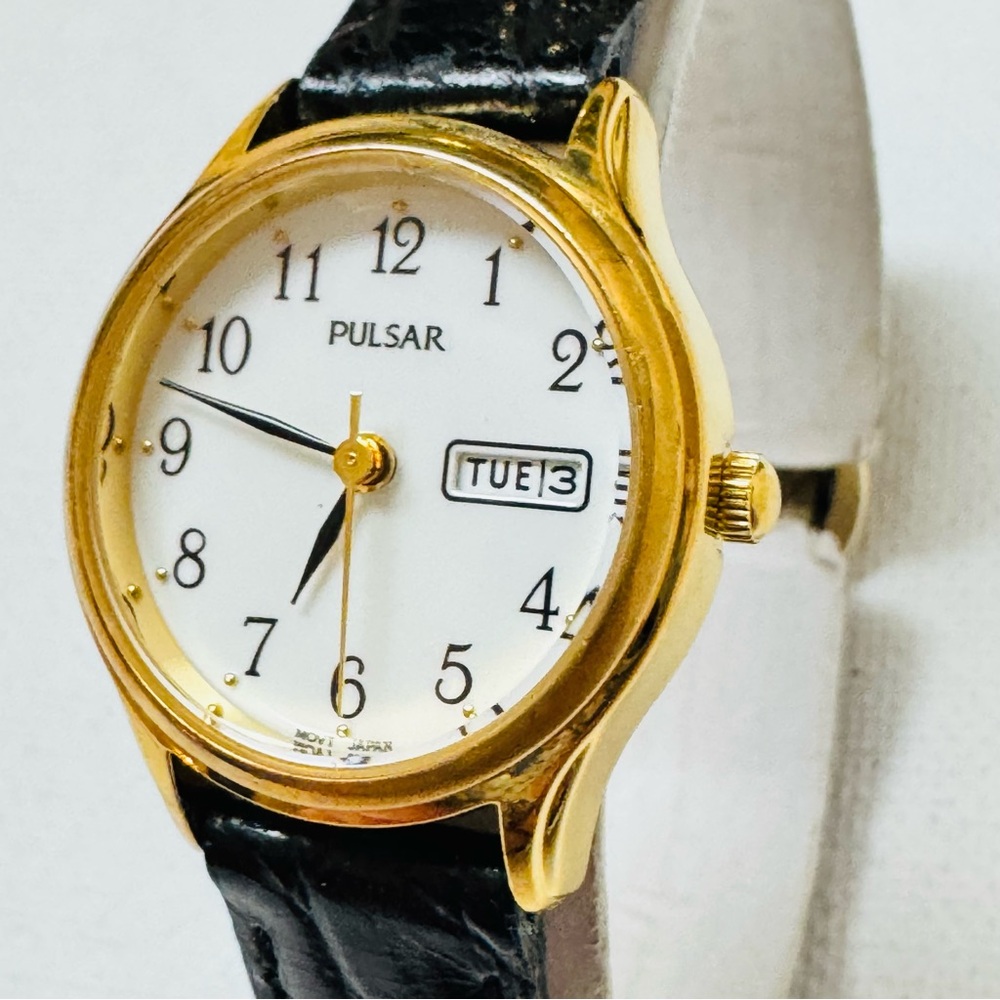 Seiko Pulsar 24mm Women's Day/Date Watch Gold Black Croco Leather VX83-X002 - Picture 3 of 14